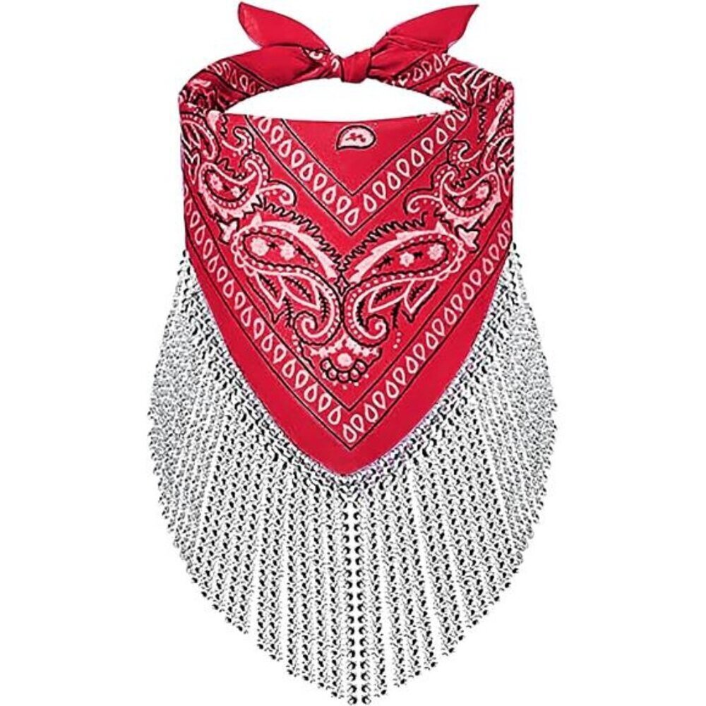 Red Paisley Bandana Scarf with Rhinestone Fringe – Western Festival Accessory